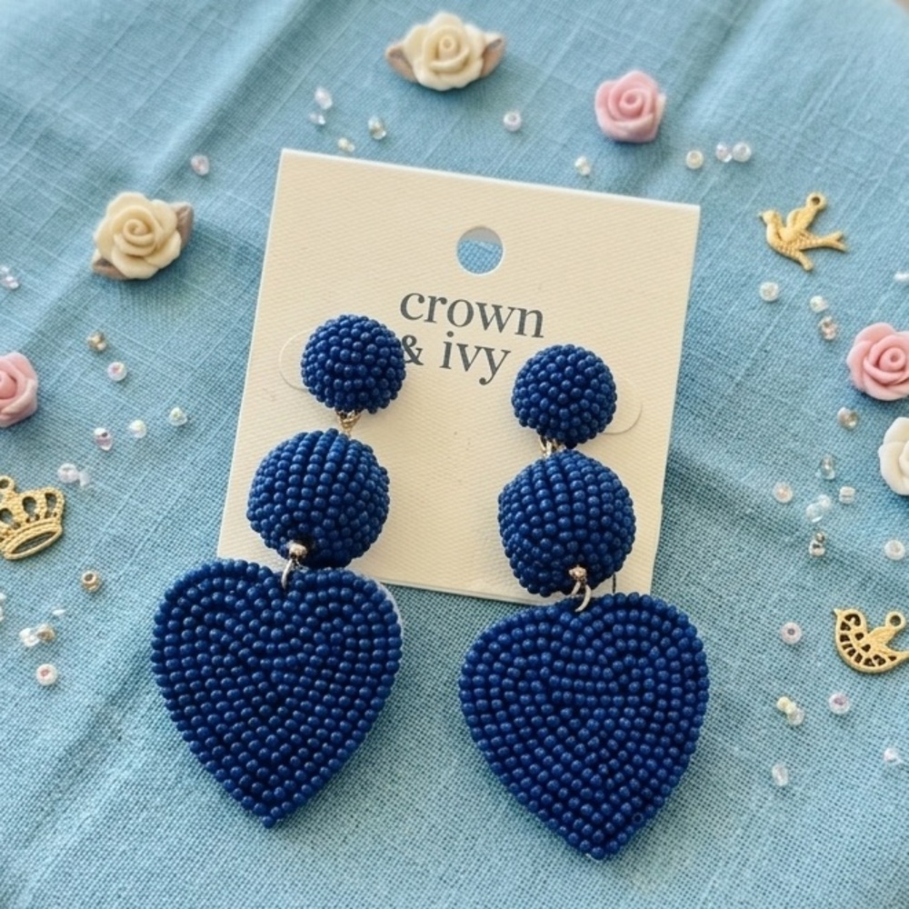 crown & ivy Blue Beaded Heart Drop Earrings 💙